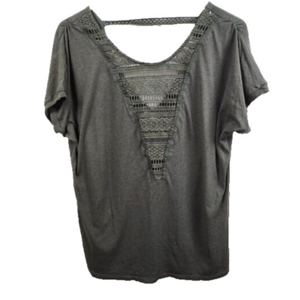 Anthropologie Tiny Womens BOHO Top Small Olive Green Short Sleeve Crochet Casual